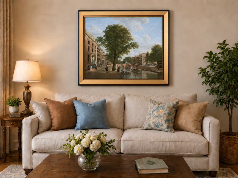 Landscape Oil Painting - Canal Urban Buildings & Figures