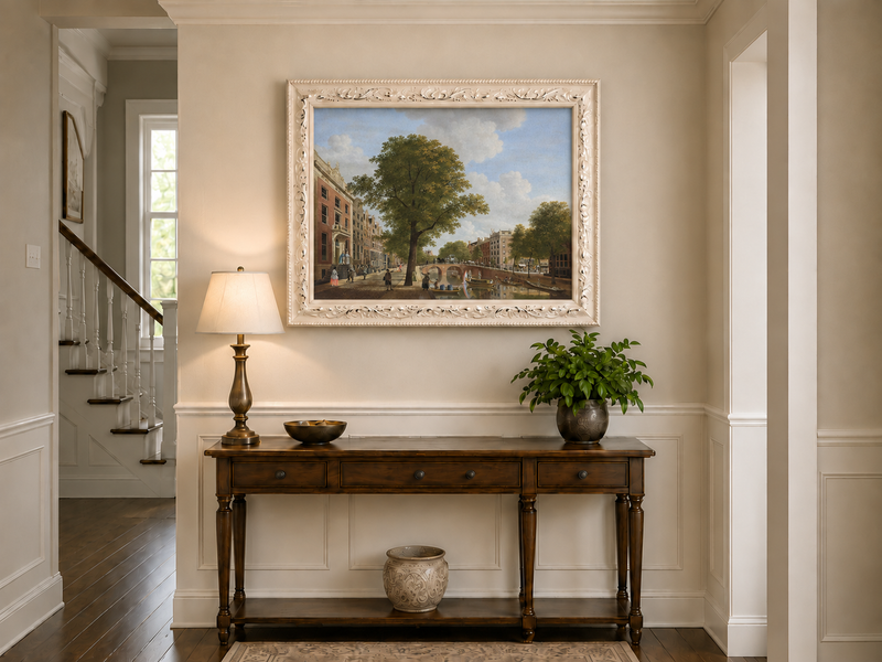 Landscape Oil Painting - Canal Urban Buildings & Figures