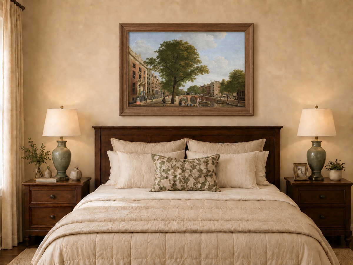 Landscape Oil Painting - Canal Urban Buildings & Figures