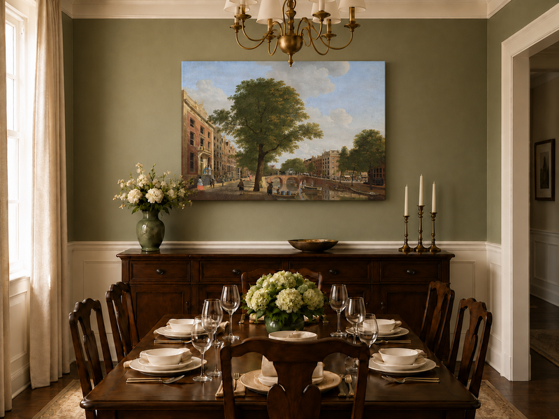 Landscape Oil Painting - Canal Urban Buildings & Figures