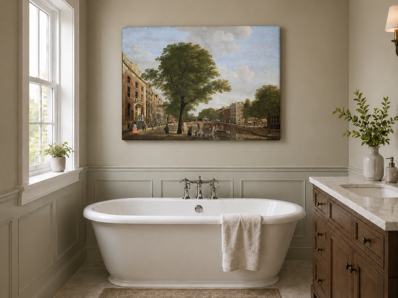 Landscape Oil Painting - Canal Urban Buildings & Figures