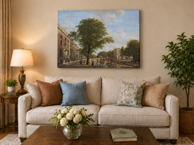 Landscape Oil Painting - Canal Urban Buildings & Figures