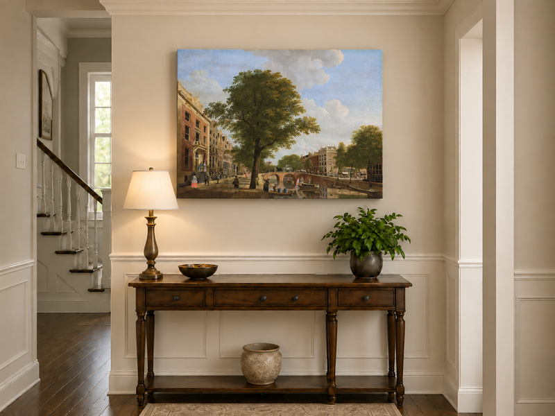 Landscape Oil Painting - Canal Urban Buildings & Figures