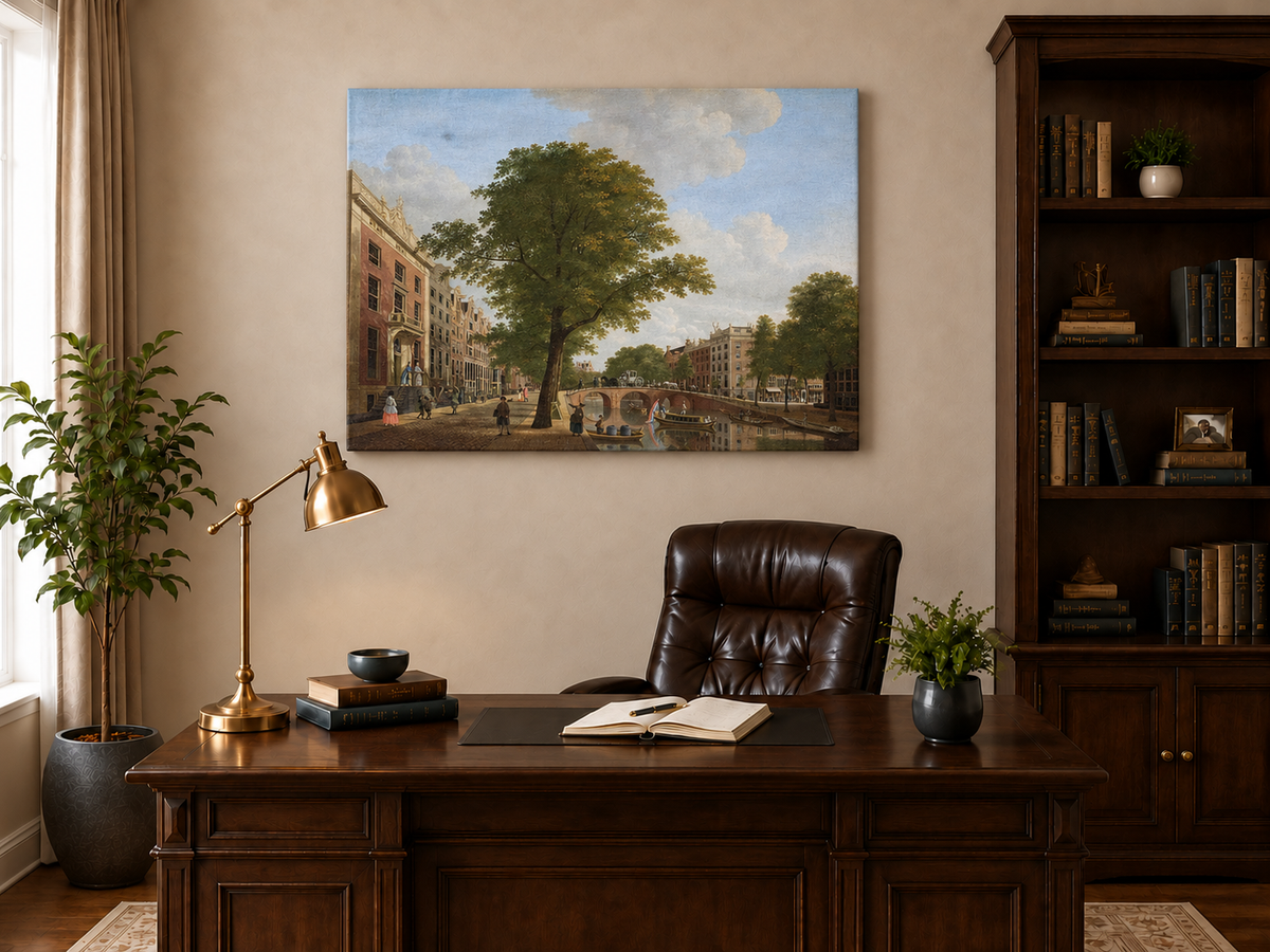Landscape Oil Painting - Canal Urban Buildings & Figures