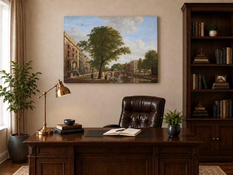 Landscape Oil Painting - Canal Urban Buildings & Figures
