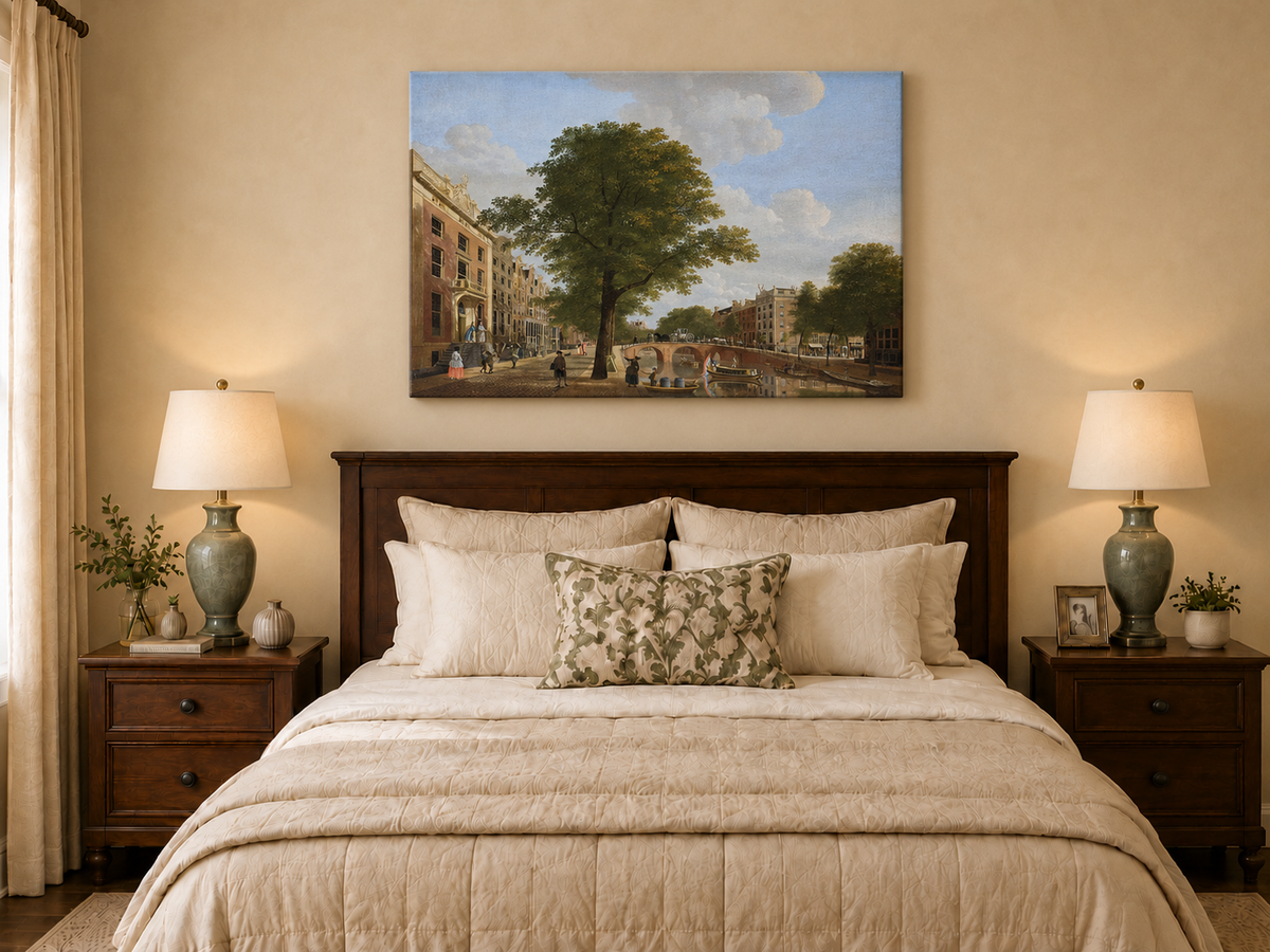 Landscape Oil Painting - Canal Urban Buildings & Figures