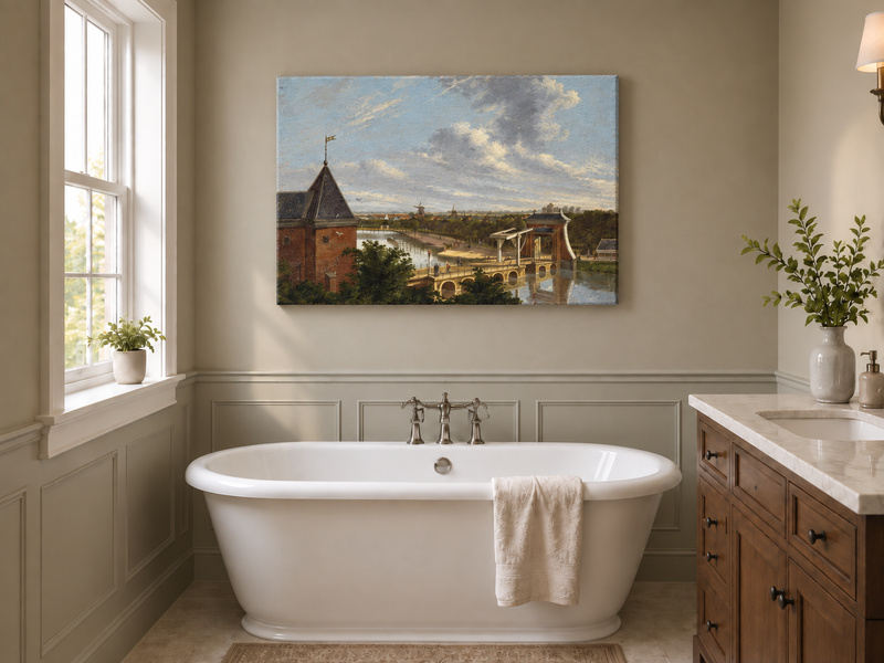 Peinture à l'huile de paysage - Pont au bord de la rivière avec personnages et moulins à vent