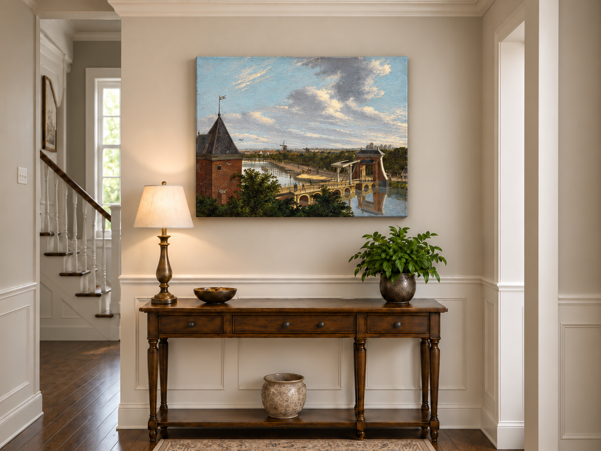 Peinture à l'huile de paysage - Pont au bord de la rivière avec personnages et moulins à vent