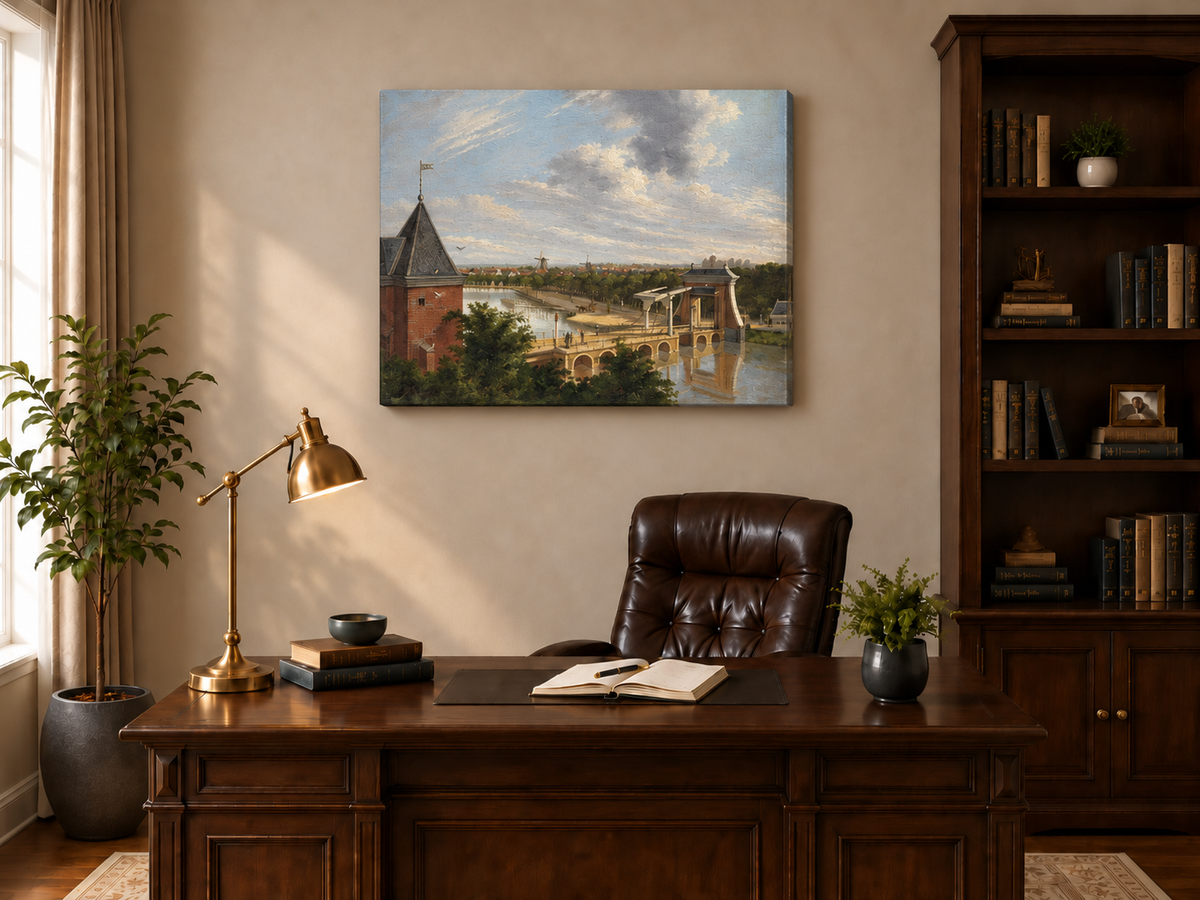 Peinture à l'huile de paysage - Pont au bord de la rivière avec personnages et moulins à vent