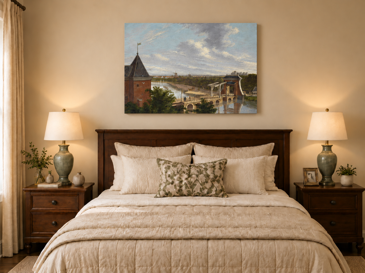 Peinture à l'huile de paysage - Pont au bord de la rivière avec personnages et moulins à vent