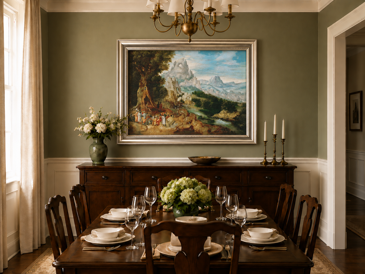 Landscape Oil Painting - Mountainous Scene with Figures & Castle