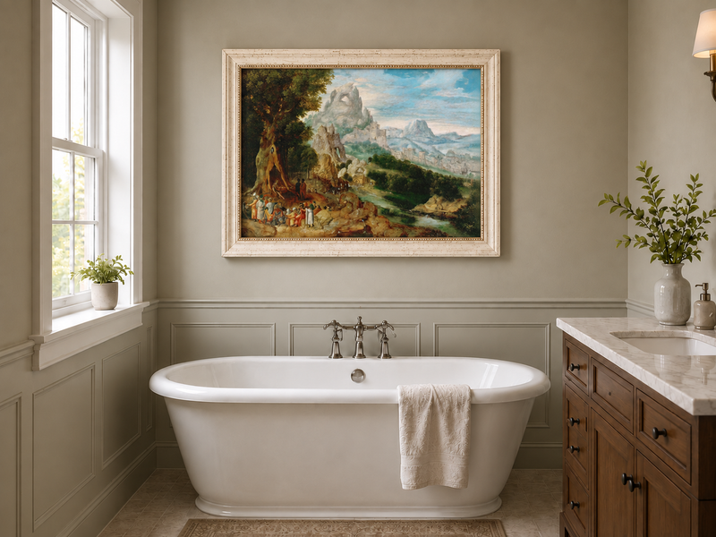 Landscape Oil Painting - Mountainous Scene with Figures & Castle