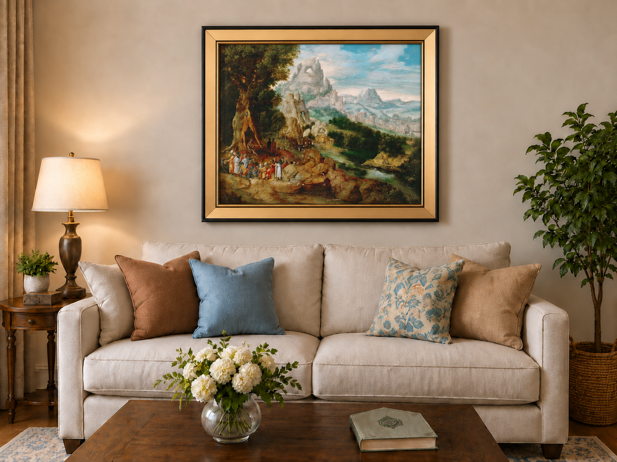 Landscape Oil Painting - Mountainous Scene with Figures & Castle