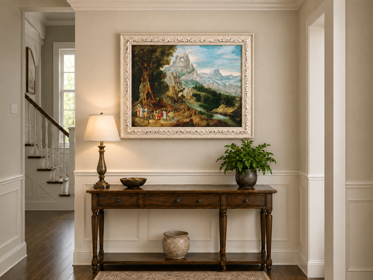 Landscape Oil Painting - Mountainous Scene with Figures & Castle