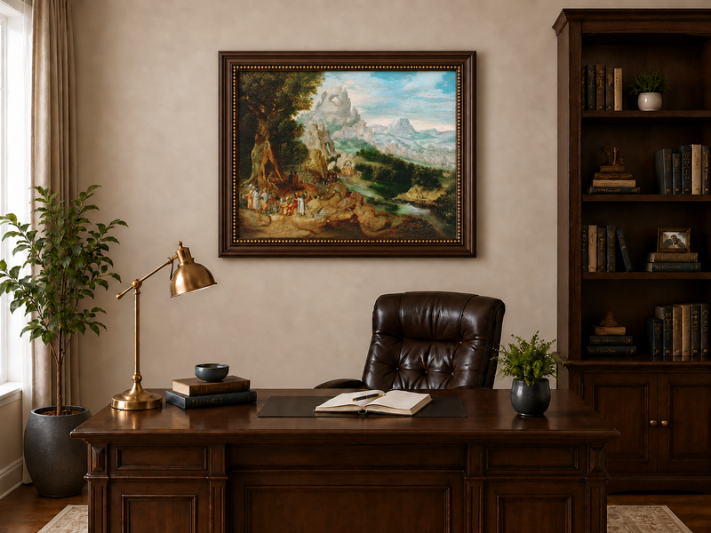 Landscape Oil Painting - Mountainous Scene with Figures & Castle