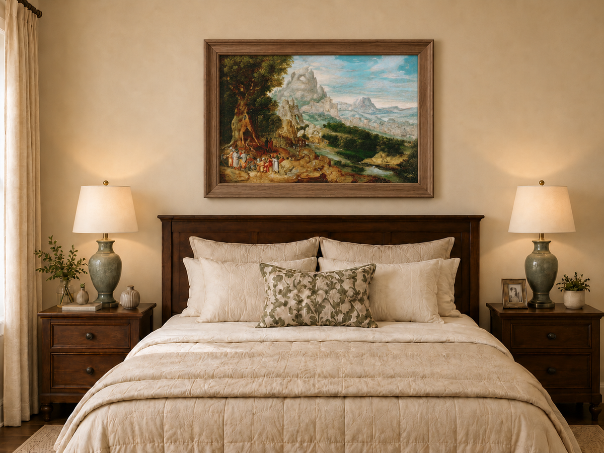 Landscape Oil Painting - Mountainous Scene with Figures & Castle