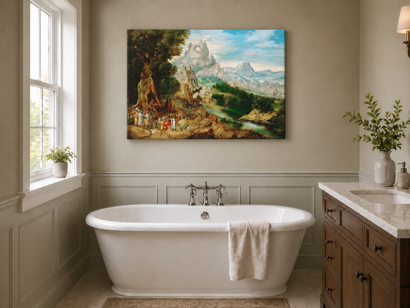 Landscape Oil Painting - Mountainous Scene with Figures & Castle