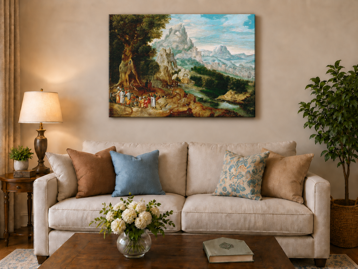 Landscape Oil Painting - Mountainous Scene with Figures & Castle