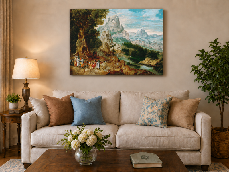 Landscape Oil Painting - Mountainous Scene with Figures & Castle