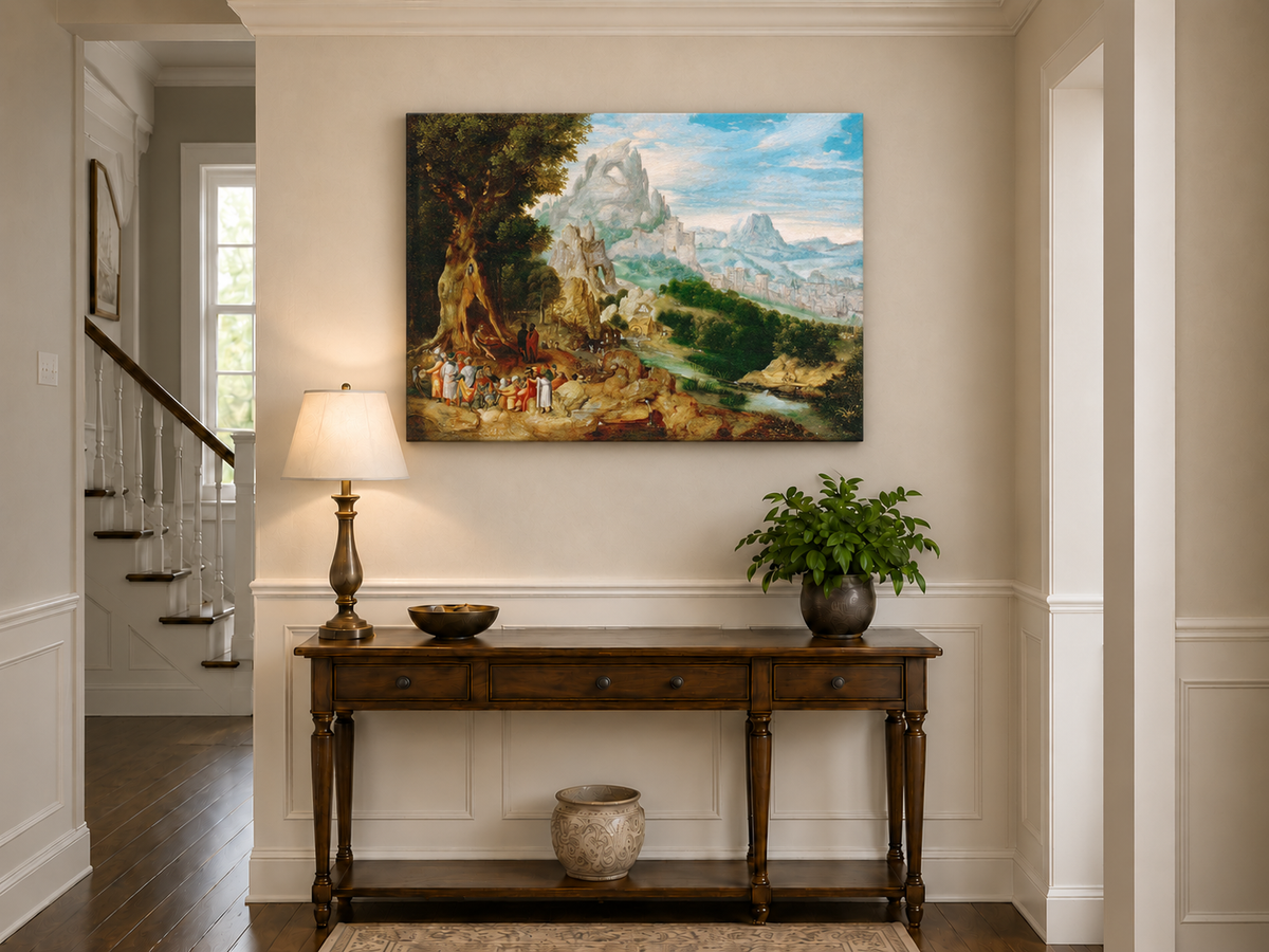 Landscape Oil Painting - Mountainous Scene with Figures & Castle