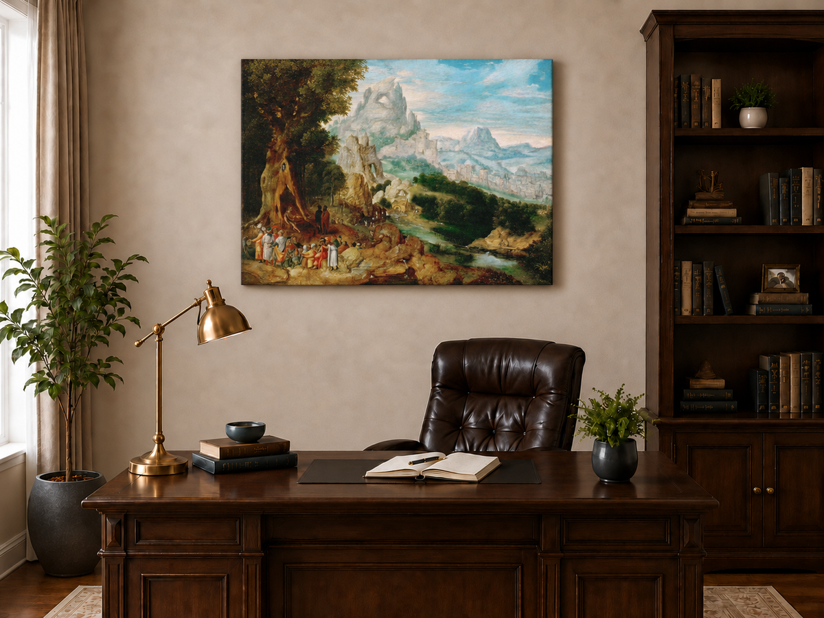 Landscape Oil Painting - Mountainous Scene with Figures & Castle