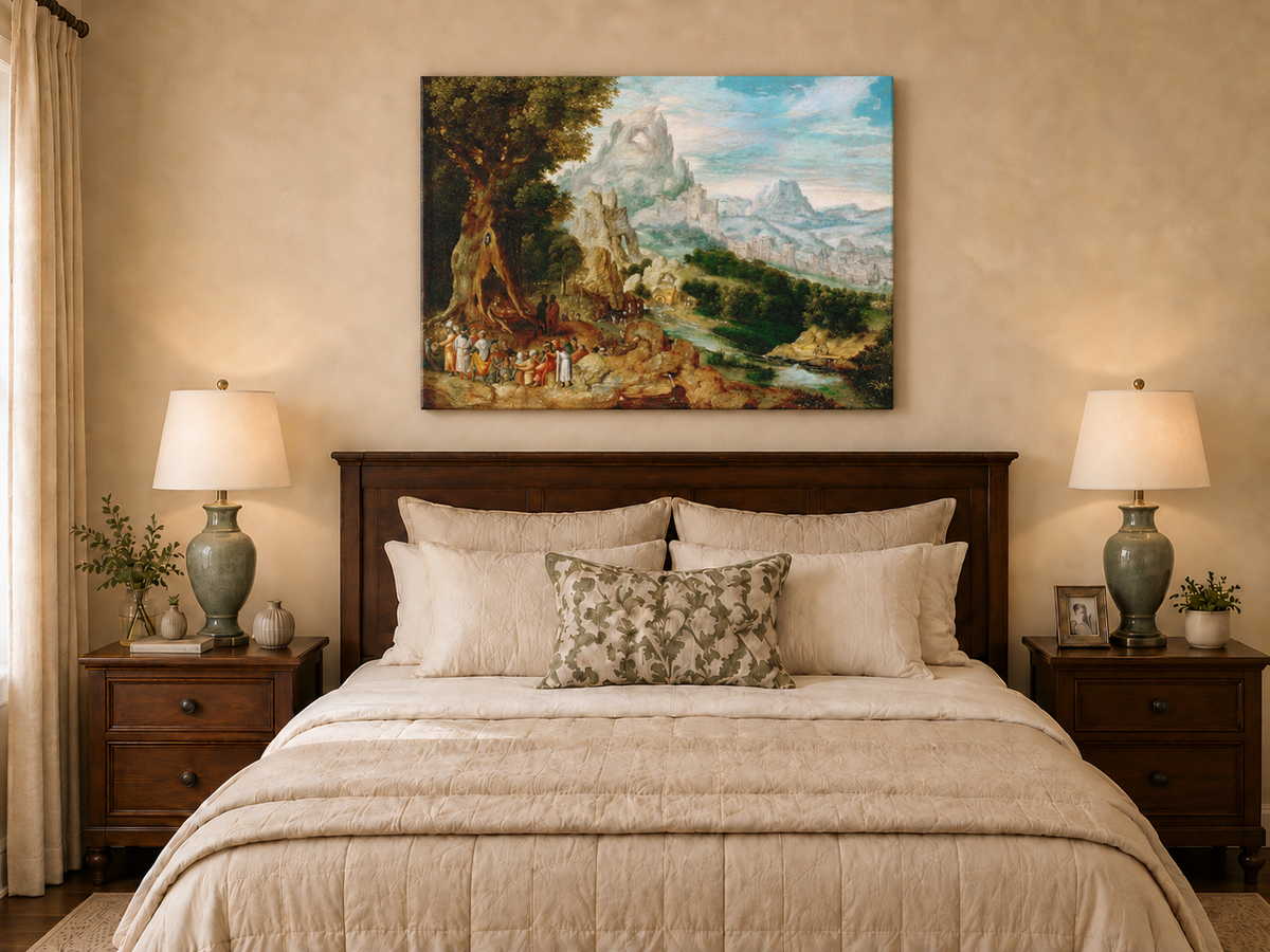 Landscape Oil Painting - Mountainous Scene with Figures & Castle