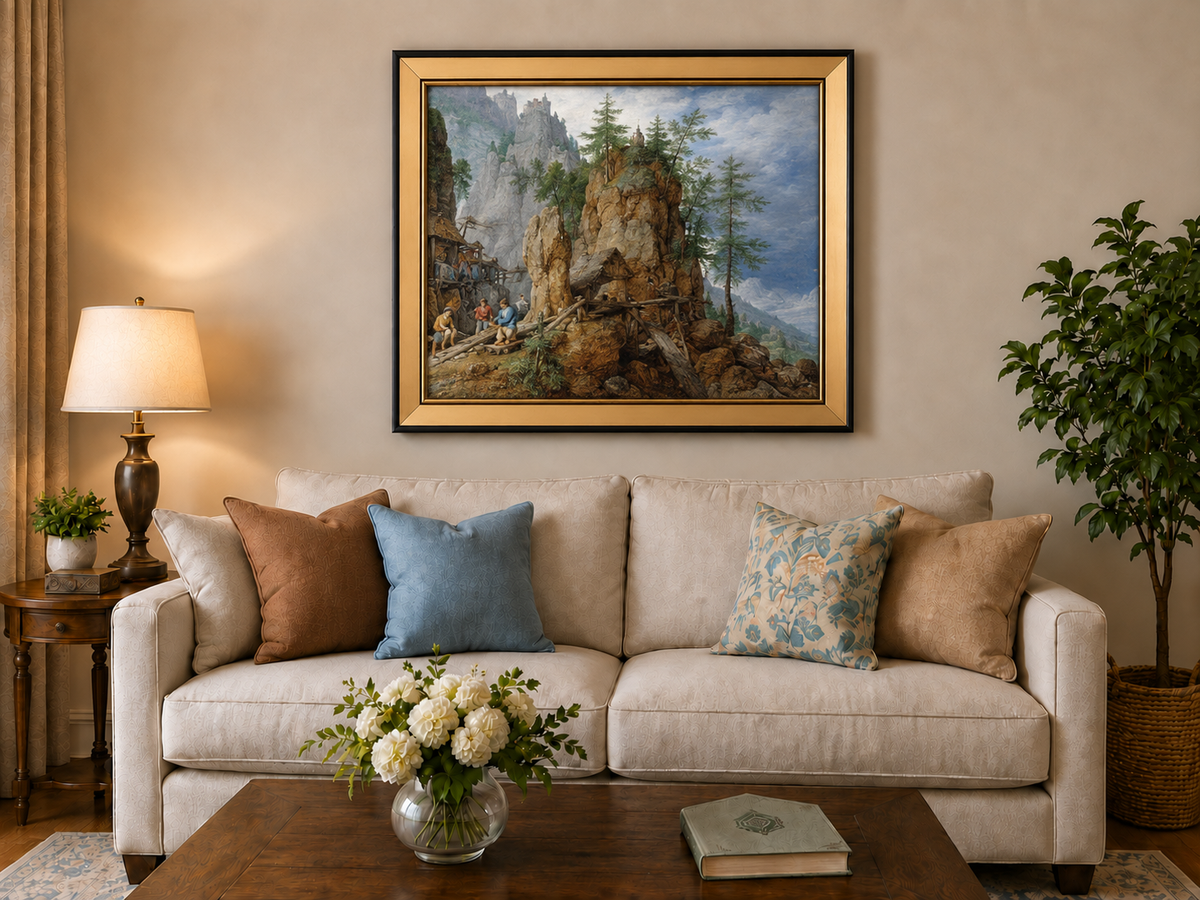 Landscape Oil Painting - Mountainous Scene with Figures & Bridge
