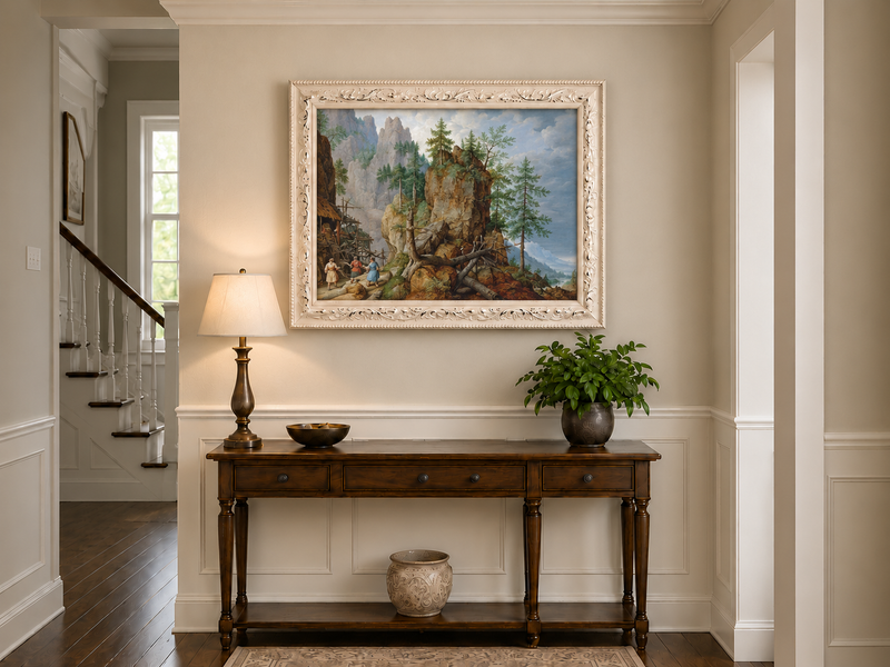 Landscape Oil Painting - Mountainous Scene with Figures & Bridge