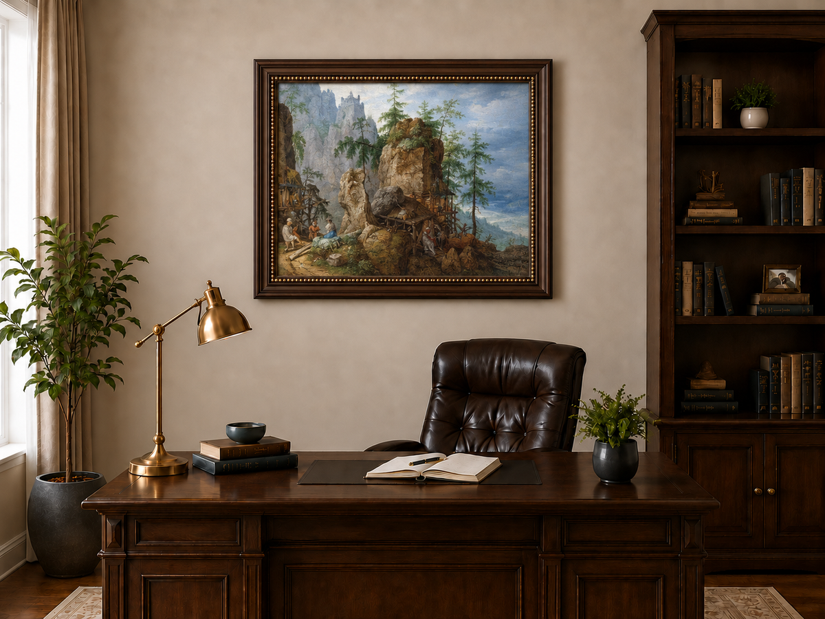 Landscape Oil Painting - Mountainous Scene with Figures & Bridge