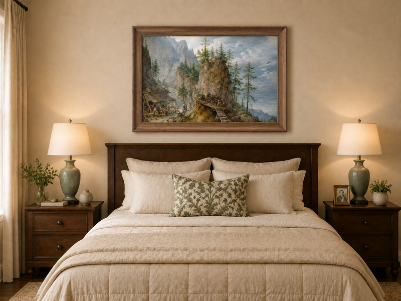 Landscape Oil Painting - Mountainous Scene with Figures & Bridge