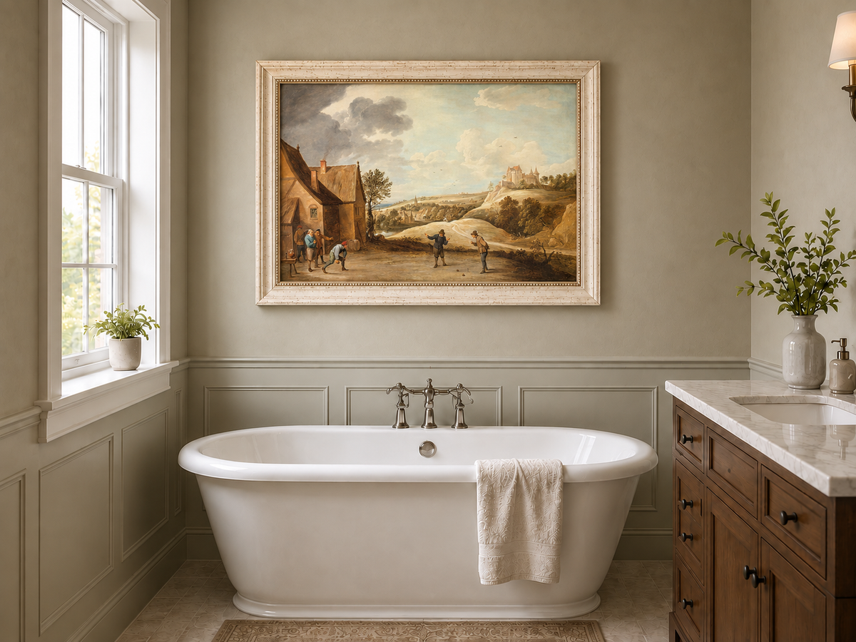 Peinture à l'huile de paysage - Scène rurale avec personnages et château au loin
