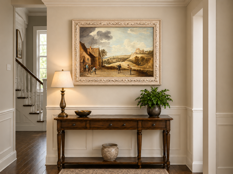 Peinture à l'huile de paysage - Scène rurale avec personnages et château au loin