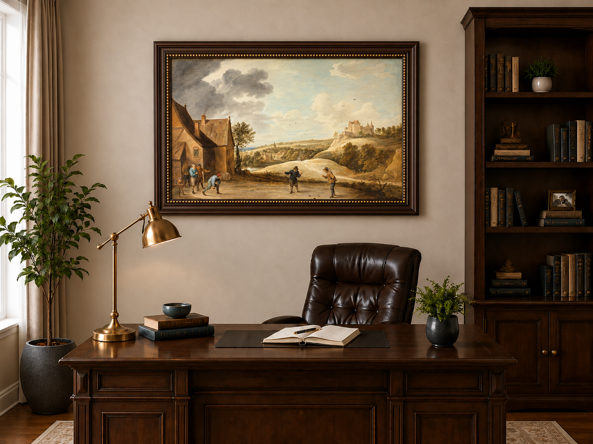 Peinture à l'huile de paysage - Scène rurale avec personnages et château au loin