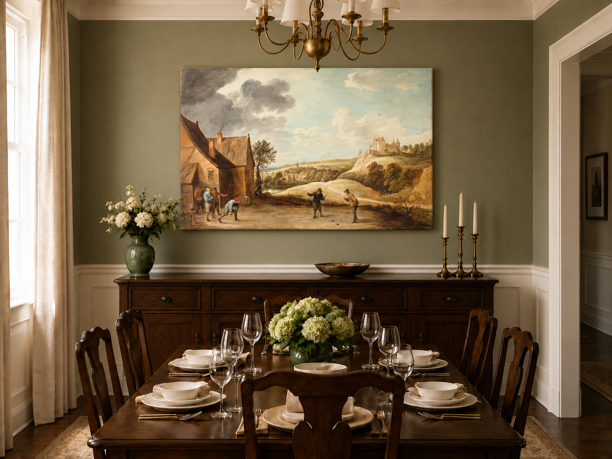 Peinture à l'huile de paysage - Scène rurale avec personnages et château au loin