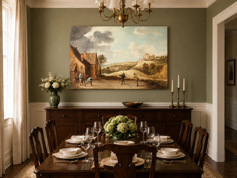Peinture à l'huile de paysage - Scène rurale avec personnages et château au loin