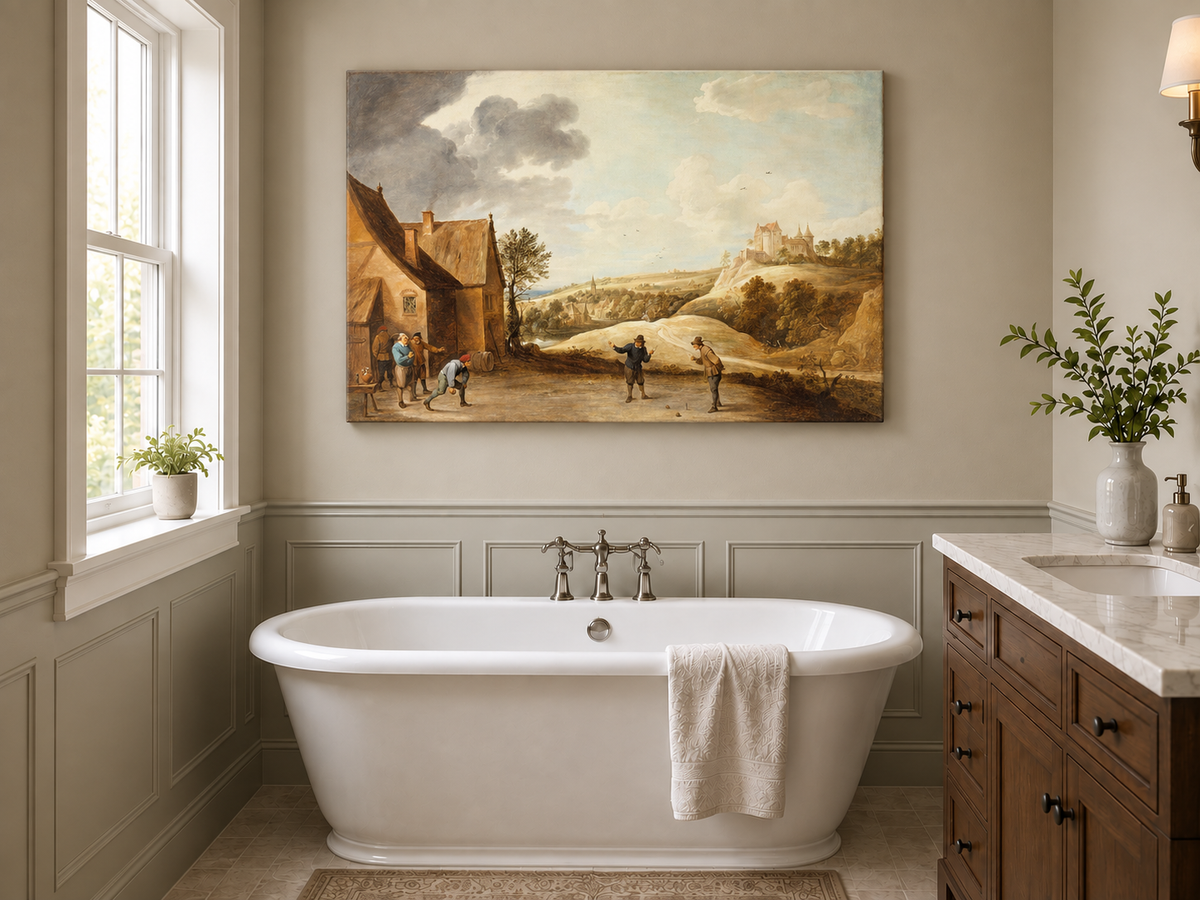 Peinture à l'huile de paysage - Scène rurale avec personnages et château au loin