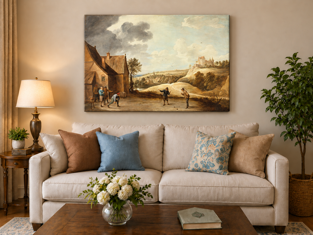 Peinture à l'huile de paysage - Scène rurale avec personnages et château au loin