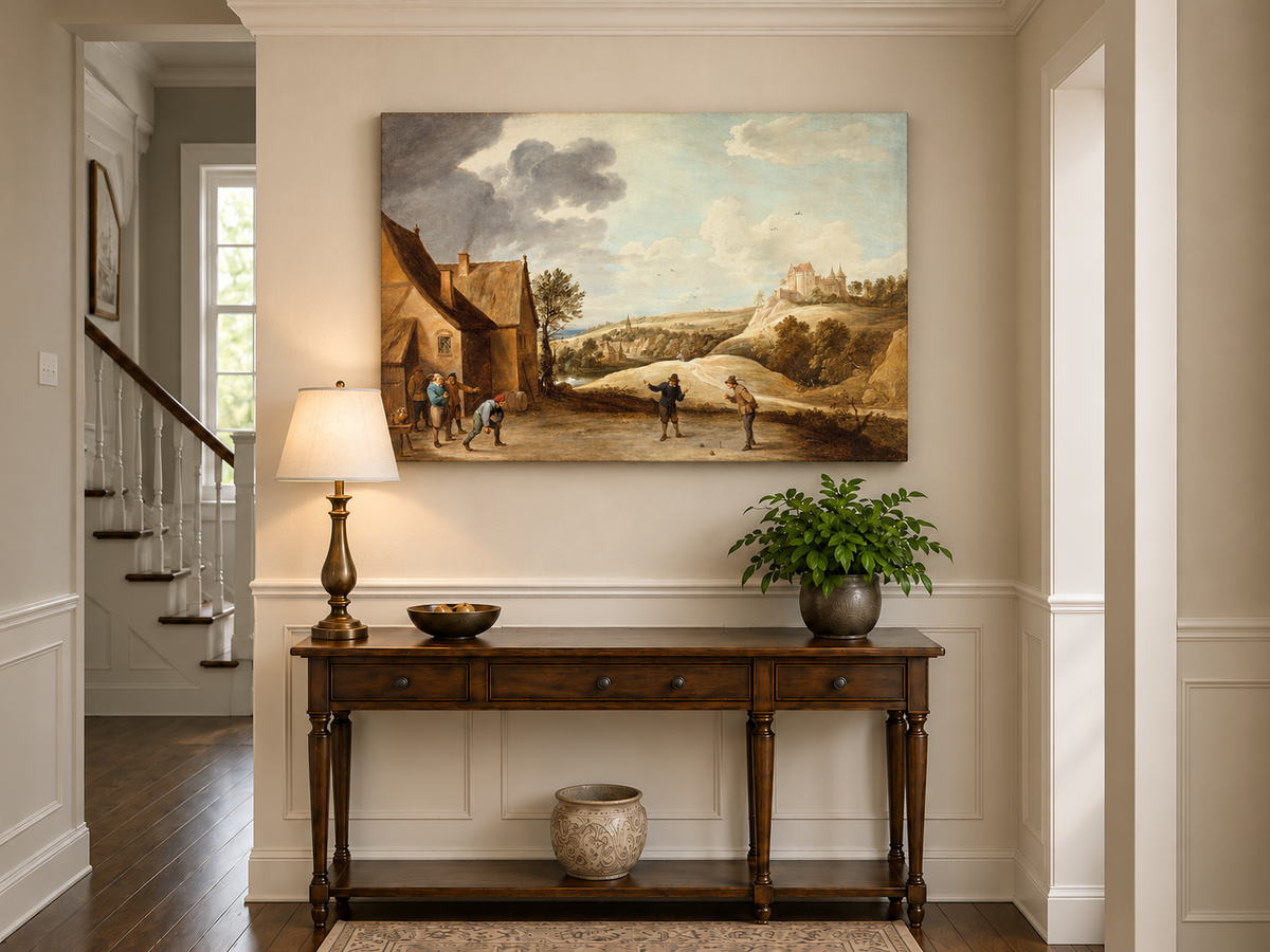 Peinture à l'huile de paysage - Scène rurale avec personnages et château au loin