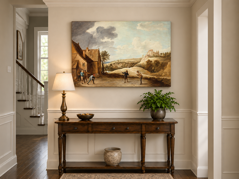 Peinture à l'huile de paysage - Scène rurale avec personnages et château au loin