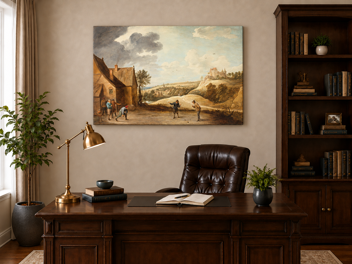 Peinture à l'huile de paysage - Scène rurale avec personnages et château au loin