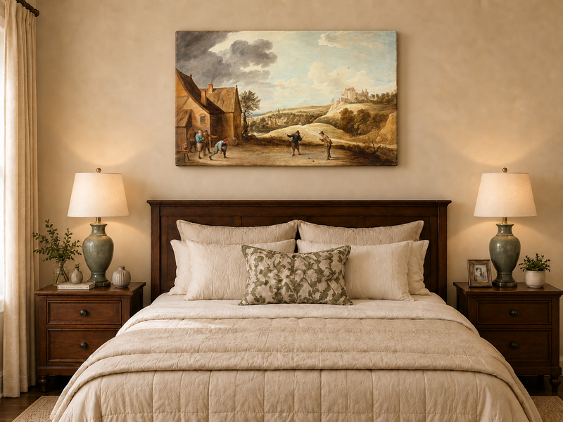 Peinture à l'huile de paysage - Scène rurale avec personnages et château au loin