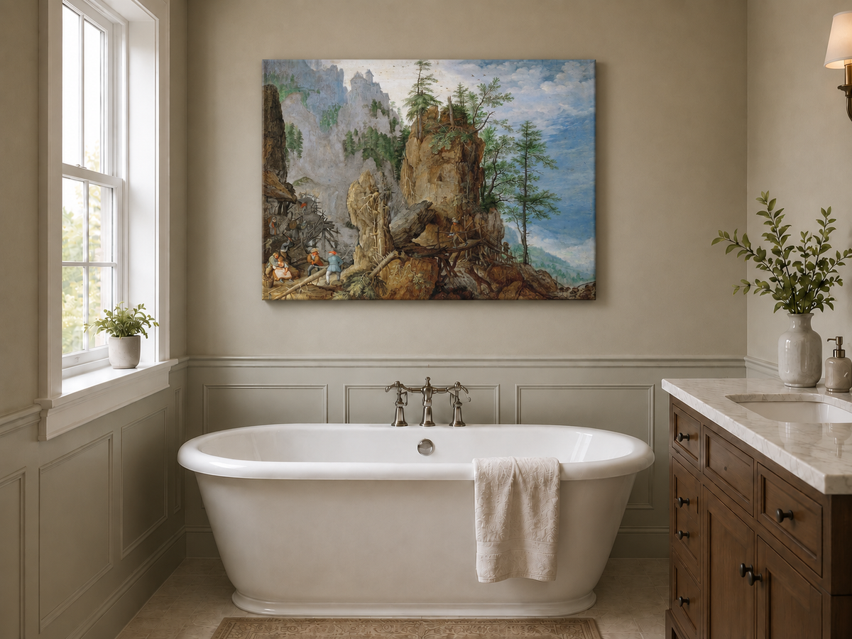 Landscape Oil Painting - Mountainous Scene with Figures & Bridge