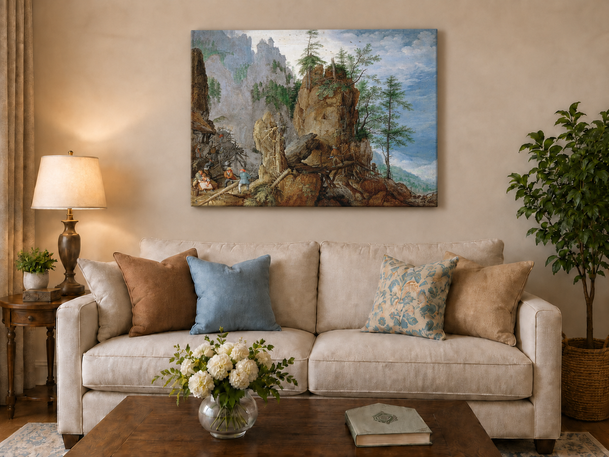 Landscape Oil Painting - Mountainous Scene with Figures & Bridge