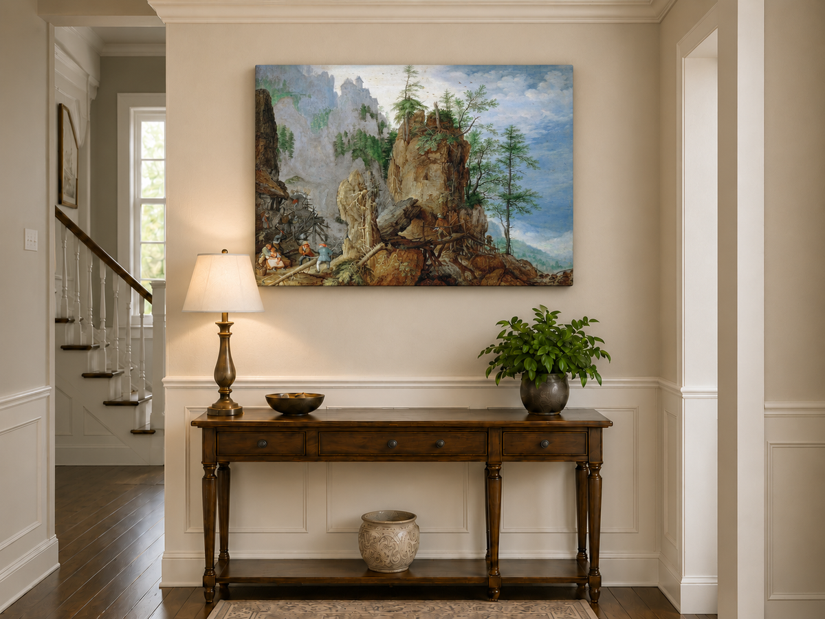 Landscape Oil Painting - Mountainous Scene with Figures & Bridge