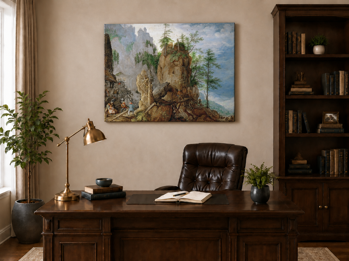Landscape Oil Painting - Mountainous Scene with Figures & Bridge
