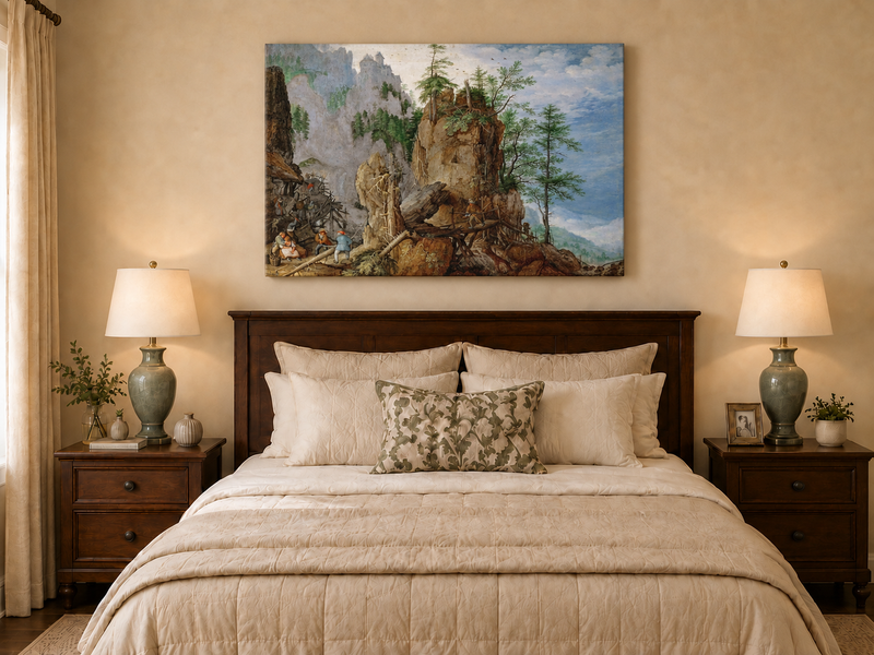 Landscape Oil Painting - Mountainous Scene with Figures & Bridge
