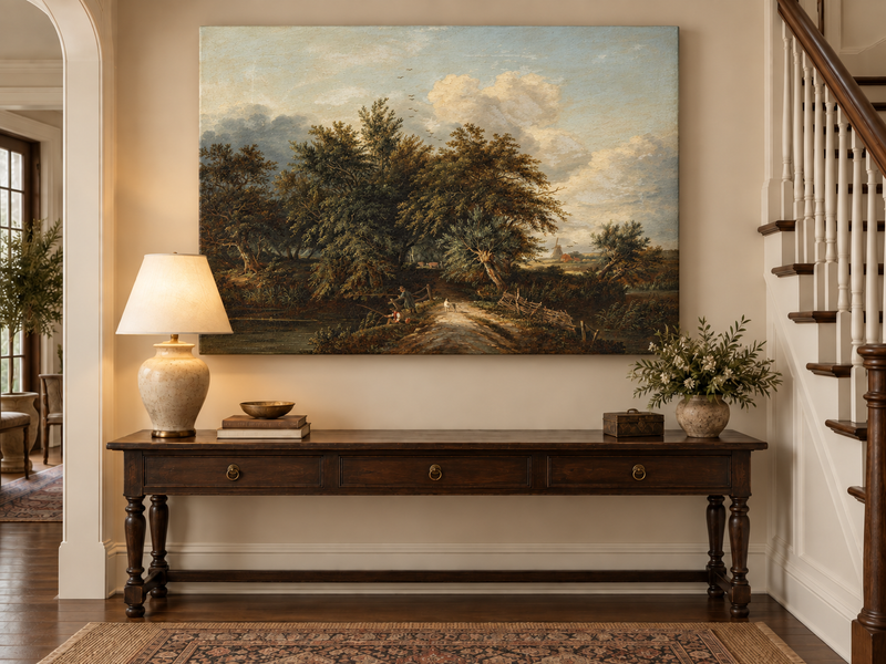 Peinture à l'huile de paysage - Chemin au bord d'une rivière avec personnages et arbres
