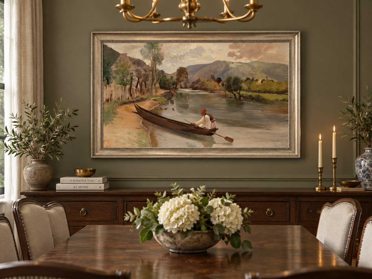 Peinture à l'huile de paysage - Rivière avec bateau, personnage et village