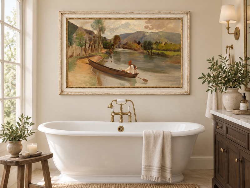 Peinture à l'huile de paysage - Rivière avec bateau, personnage et village