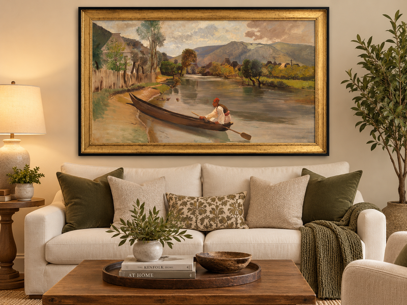 Peinture à l'huile de paysage - Rivière avec bateau, personnage et village